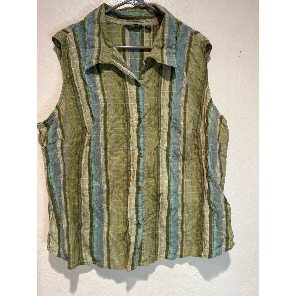 Great Northwest Womens 1X Sleeveless Button Down Crinkle Stripe Shirt Green Blue